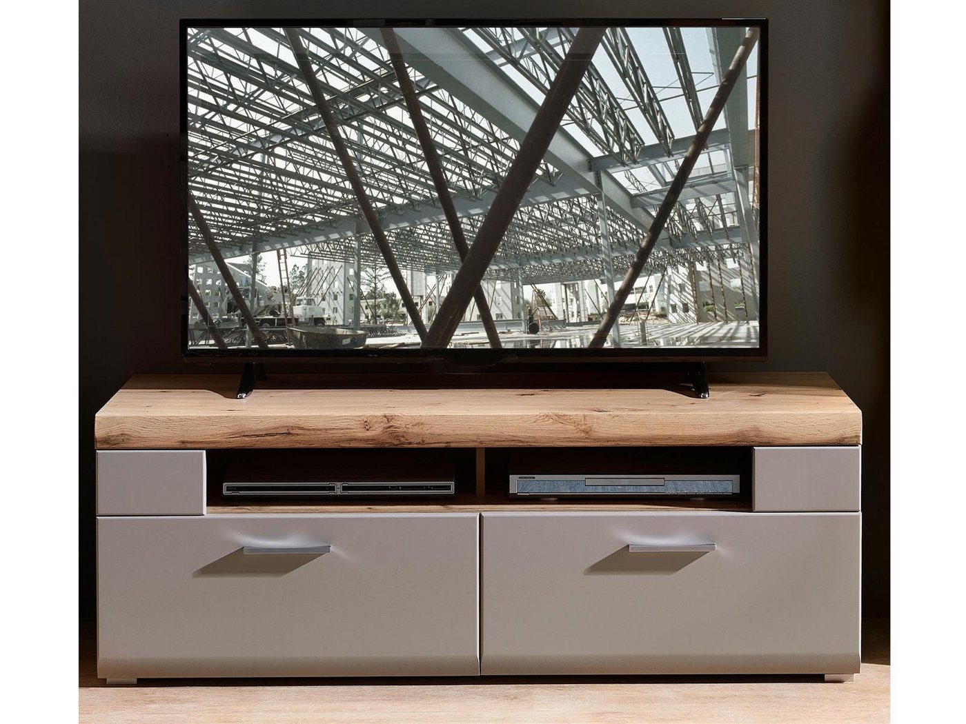 möbelando TV-Board Kathlin, Modernes TV-Lowboard in Basalt, Korpus aus Spanpatte, Front aus MDF, Oberboden in Eiche Altholz Nachbildung mit 2 Schubkästen und 2 offenen Fächern. Breite 140 cm, Höhe 51 cm, Tiefe 47 cm von möbelando