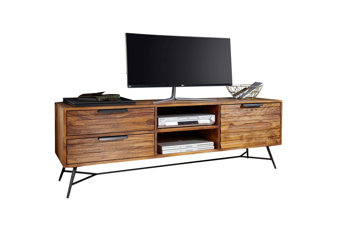 möbelando Lowboard Lowboard NISHAN 160x54x40 cm Sheesham Massiv Holz, Lowboard NISHAN 160x54x40 cm Sheesham Massiv Holz, Design Hifi-Board mit Stauraum und Schubladen, Massivholz Fernsehschrank Wohnzimmer, Industrial Fernsehkommode mit Metallbeinen von möbelando