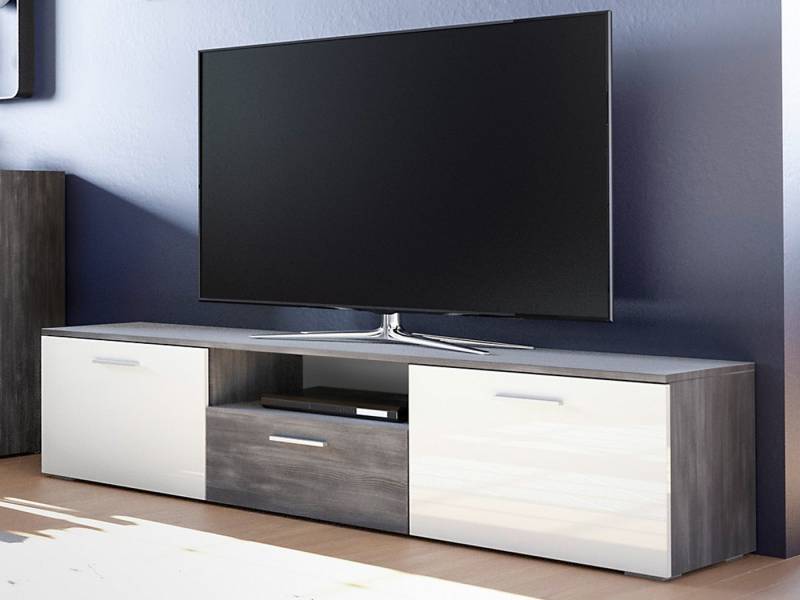 möbelando TV-Board Maurits, Modernes TV-Lowboard, Korpus aus Spanplatte in Black North, Front aus MDF in Weiß-Hochglanz, Absetzungen in Black North mit 2 Klappen, 1 Schubkasten und 1 offenen Fach. Breite 180 cm, Höhe 42 cm, Tiefe 38 cm von möbelando