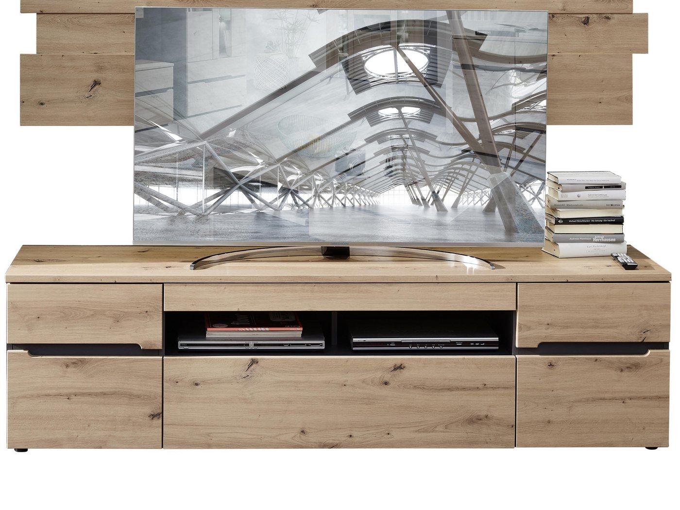 möbelando TV-Board Meagan, Modernes TV-Unterteil, Korpus aus Spanplatte in Graphit, Front aus MDF in Artisan Eiche Nachbildung mit 2 Holztüren, 1 Schubkasten, 1 Konstruktionsboden, 2 Einlegeböden und 2 offene Fächer. Breite 192 cm, Höhe 53 cm, Tiefe 47 cm von möbelando