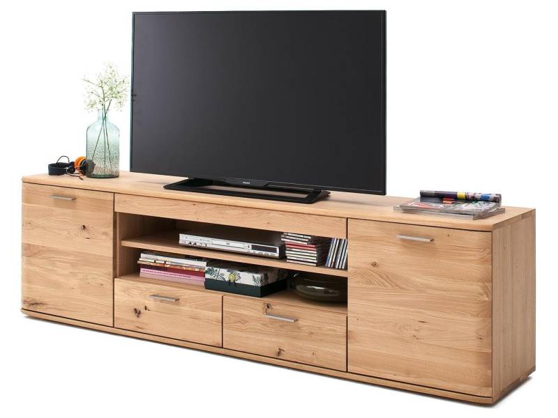 möbelando TV-Board Nilo, Modernes TV-Lowboard, Korpus aus Spanplatte in Eiche Bianco geölt, Front aus Massivholz in Balkeneiche Bianco geölt mit 2 Holztüren, 2 Schubkästen, 2 Einlegeböden und 2 offenen Fächern. Breite 200 cm, Höhe 58 cm, Tiefe 44 cm von möbelando