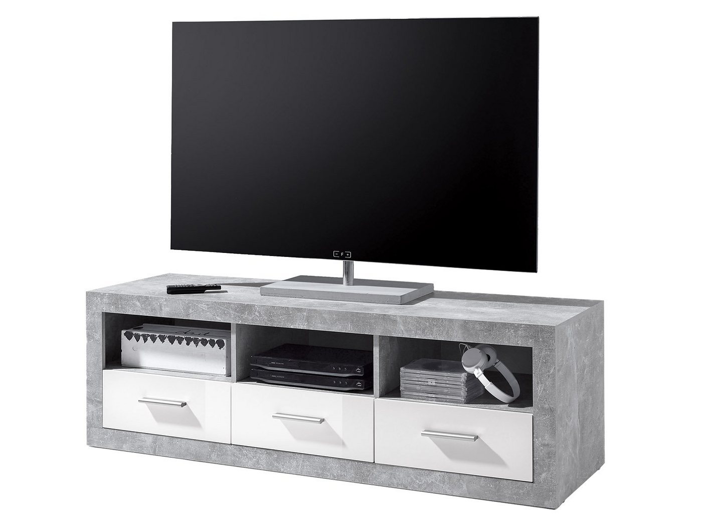 möbelando TV-Board Rio de Janeiro, TV-Lowboard aus Spanplatte, Korpus/Frontrahmen in Beton Nachbildung und Front in Weiß-Glanz mit 3 Schubkästen und 3 offene Fächer. Breite 147 cm, Höhe 49 cm, Tiefe 45 cm. von möbelando