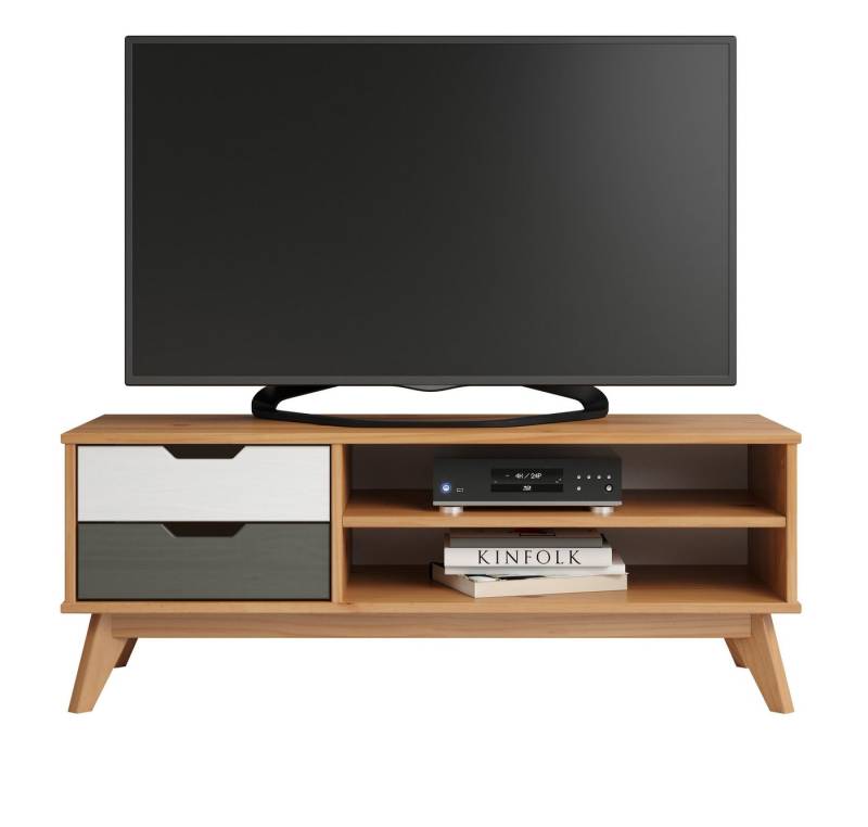 möbelando TV-Board Sandvika, TV-Lowboard im skandinavischen Design aus Kiefer Massivholz in Honigfarben lackiert, Absetzungen in Weiß und Grau mit 2 Schubkästen und 2 offenen Fächern. Breite 110 cm, Höhe 42 cm, Tiefe 40 cm von möbelando