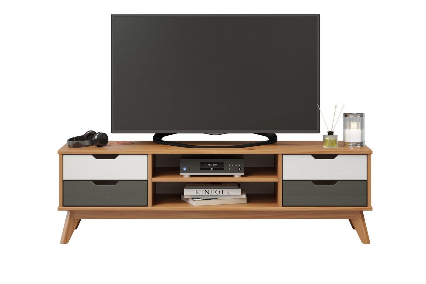 möbelando TV-Board Sandvika, TV-Lowboard im skandinavischen Design aus Kiefer Massivholz in Honigfarben lackiert, Absetzungen in Weiß und Grau mit 4 Schubkästen und 2 offenen Fächern. Breite 140 cm, Höhe 42 cm, Tiefe 40 cm von möbelando