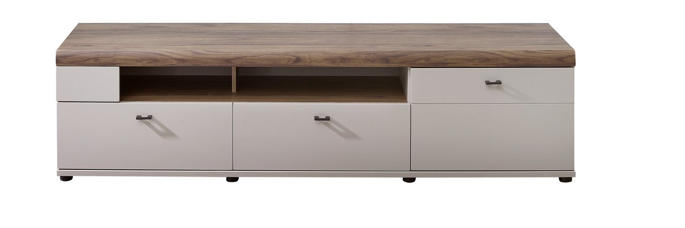 möbelando TV-Schrank TV-Unterteil Superior II" Modernes TV-Lowboard. Korpus aus Spanplatte in Basalt bzw. Nussbaum Amber Nachbildung, Front aus MDF in Basalt matt und Absetzung Nussbaum Amber Nachbildung mit 2 Schubkästen, 2 offene Fächer. Breite 160 cm, Höhe 50 cm, Tiefe 48 cm." von möbelando