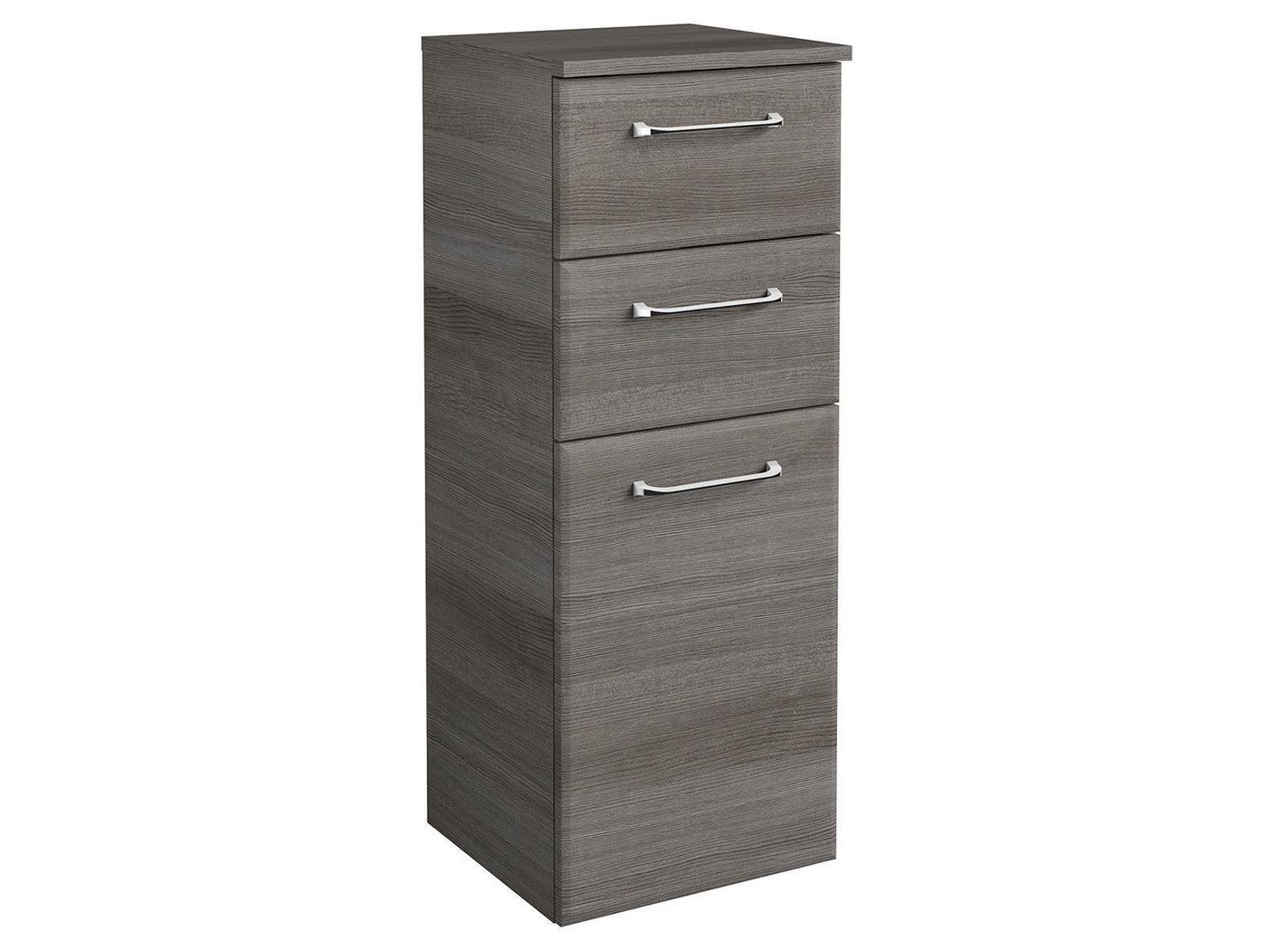 möbelando Unterschrank Carrie Unterschrank, Korpus aus Spanplatte melaminharzbeschichtet und Front aus MDF in Graphit Struktur quer Nachbildung mit 1 Drehtür, 1 Glaseinlegeboden und 2 Schubkästen. Breite 35 cm, Höhe 90,5 cm, Tiefe 33 cm. von möbelando