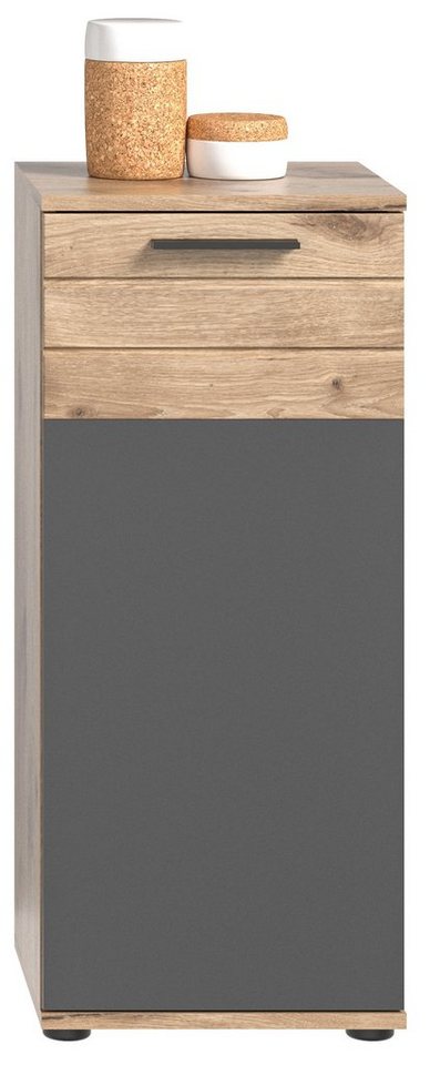 möbelando Unterschrank Missoula Moderner Unterschrank, Korpus aus Spanplatte in Nox Oak", Front aus MDF in Basalt Grau mit abgesetzter Rillenoptik in Nox Oak, mit 1 Tür und 2 Ablageböden, Breite 37 cm, Höhe 87 cm, Tiefe 34 cm." von möbelando