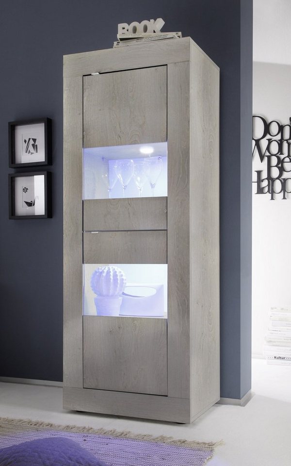 möbelando Vitrine Belinda (BxHxT: 61x162x43 cm) in Holzstruktur Pinie Weiss Nachbildung mit 2 Türen und 4 Fächern von möbelando