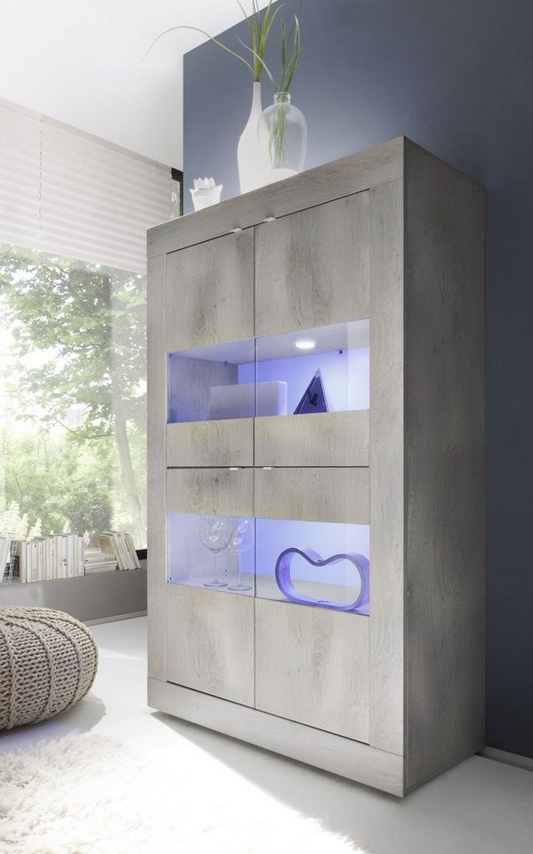 möbelando Vitrine Belinda (BxHxT: 102x162x43 cm) in Holzstruktur Pinie Weiss Nachbildung mit 4 Türen und 4 Fächern von möbelando