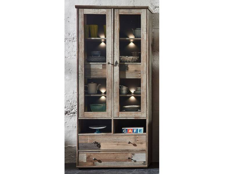 möbelando Vitrine Britta Vitrine aus Spanplatte foliert in Driftwood Nachbildung mit 2 große Schubkästen, 2 offene Fächer und 2 Glas-/Holztüren dahinter 2 kleine Schubkästen und 8 feste Böden, Griffe aus Zinkdruckguss in Antik-Optik, inkl LED-Beleuchtung in neutralweiß. Breite 83 cm, Höhe 189 cm, Tiefe 39 cm. von möbelando