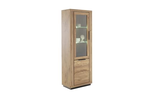 möbelando Vitrine >GRENO< Fronten in Wildeiche massiv geölt, Zeitlose Optik, in den Maßen ca. 72 x 200 x 40 cm (B/H/T) - mit optimalen Stauraum für Ihr Zuhause - Vitrine Schrank Highboard von möbelando