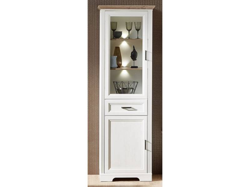 möbelando Vitrine Jasmin mit 1 Glastür 1 Holztür und 1 Schublade inkl. Beleuchtung. Türen und Schubkästen mit Soft-Close-Funktion sowie Metallgriffen Türen links/rechts verwendbar von möbelando