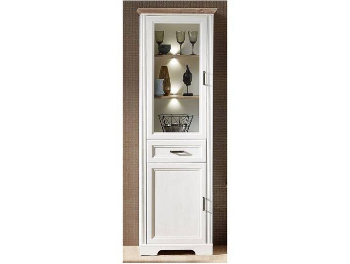 möbelando Vitrine Jasmin mit 1 Glastür 1 Holztür und 1 Schublade inkl. Beleuchtung. Türen und Schubkästen mit Soft-Close-Funktion sowie Metallgriffen Türen links/rechts verwendbar von möbelando