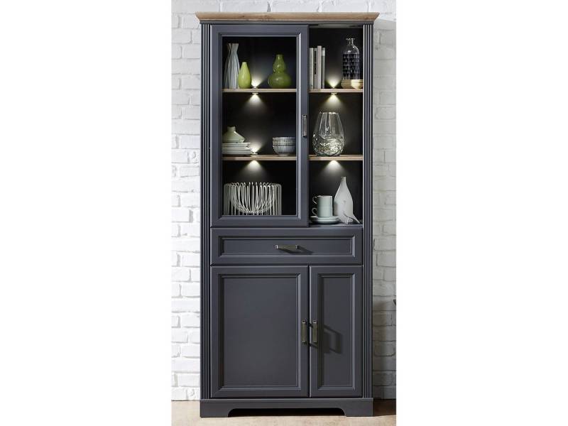 möbelando Vitrine Jasmin mit 1 Glastür 3 Holztüren und 1 Schublade inkl. Beleuchtung. Türen und Schubkästen mit Soft-Close-Funktion sowie Metallgriffen von möbelando