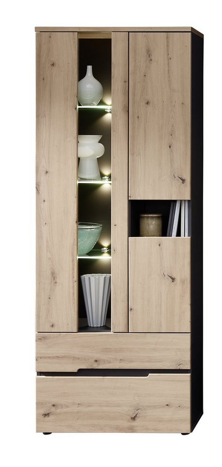 möbelando Vitrine Meagan Moderne Vitrine inkl. LED-Beleuchtung, Korpus aus Spanplatte in Graphit, Front aus MDF in Artisan Eiche Nachbildung mit 1 Glas-/Holztür, 2 Holztüren, 2 Schubkästen, 3 Glasböden, 2 Konstruktionsböden, 2 Einlegeböden und 1 offenen Fach. Breite 75 cm, Höhe 197 cm, Tiefe 38 cm von möbelando