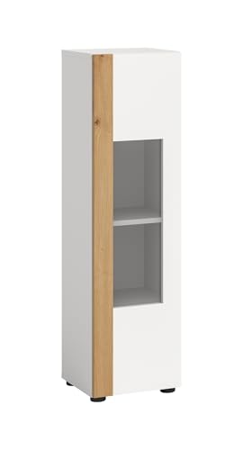 möbelando Vitrine >Ruda< in weiß Nachbildung 3 Einlegeböden Wohnzimmer, Jugendzimmer, Studio, Appartement stehend- oder hängend montierbar FSC-zertifzierter Holzwerkstoff 30x112x33 (BxHxT) von möbelando