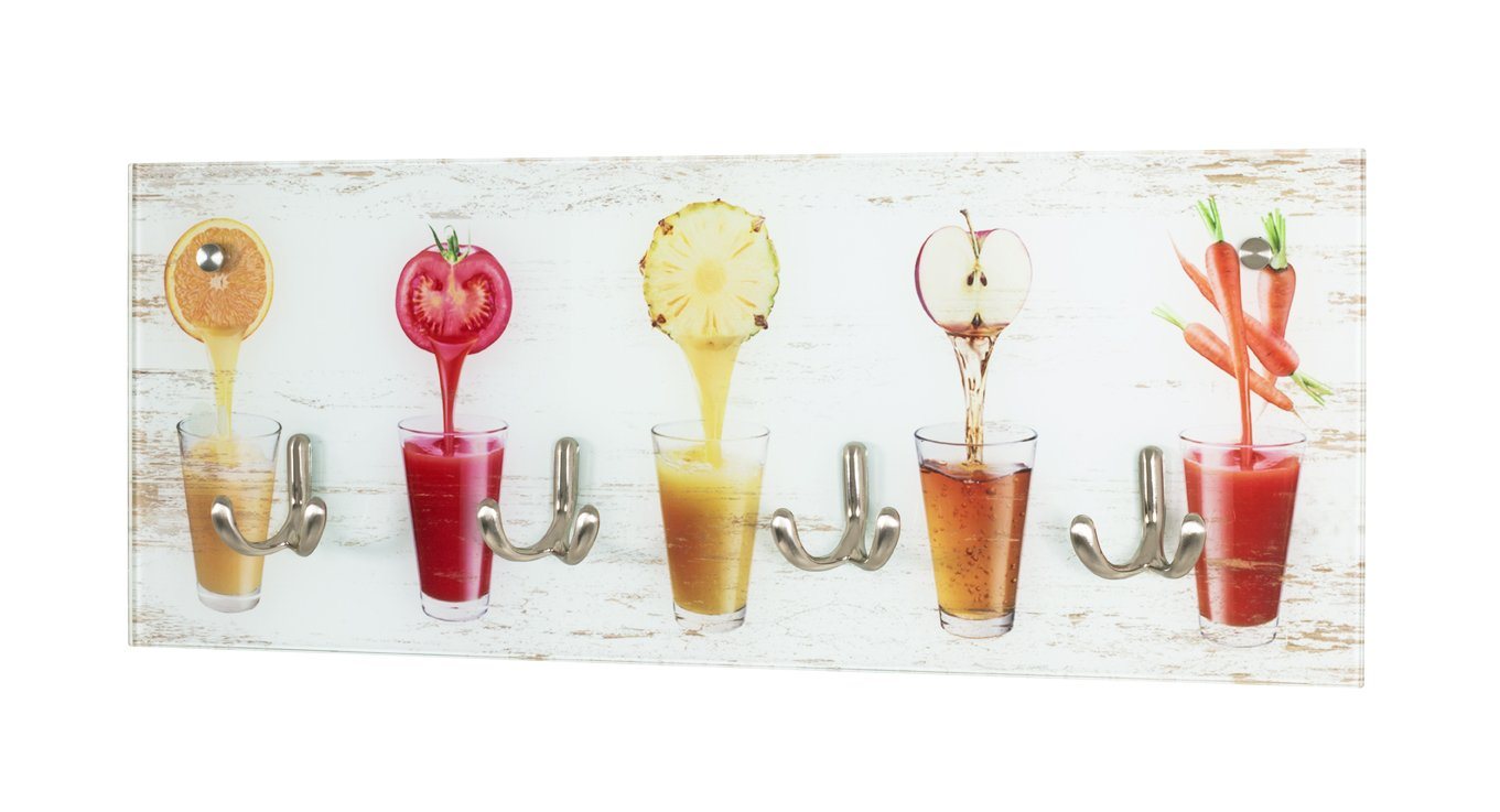 möbelando Wandgarderobe Fruit Glas, Wandgarderobe aus Sicherheitsglas mit Printmotiv (Fruchtgläser), 4 Haken in Edelstahloptik von möbelando
