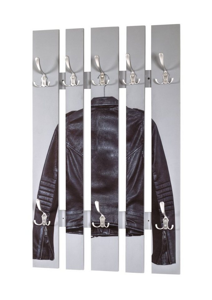 möbelando Wandgarderobe Jacket grey, Wandgarderobe aus MDF mit UV-Direkdruck (Lederjacke), 8 Garderobenhaken aus Metall in Edelstahloptik von möbelando