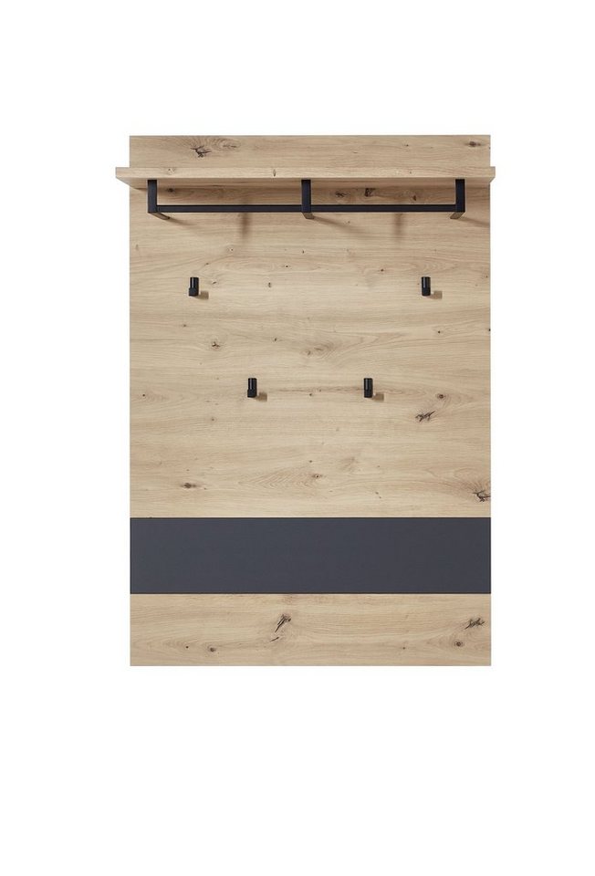 möbelando Wandgarderobe Meagan I", Modernes Garderobenpaneel, Korpus aus Spanplatte in Graphit, Front aus MDF in Artisan Eiche Nachbildung mit 4 Garderobenhaken, 1 Ablageboden und 1 Kleiderstange. Breite 80 cm, Höhe 118 cm, Tiefe 30 cm." von möbelando