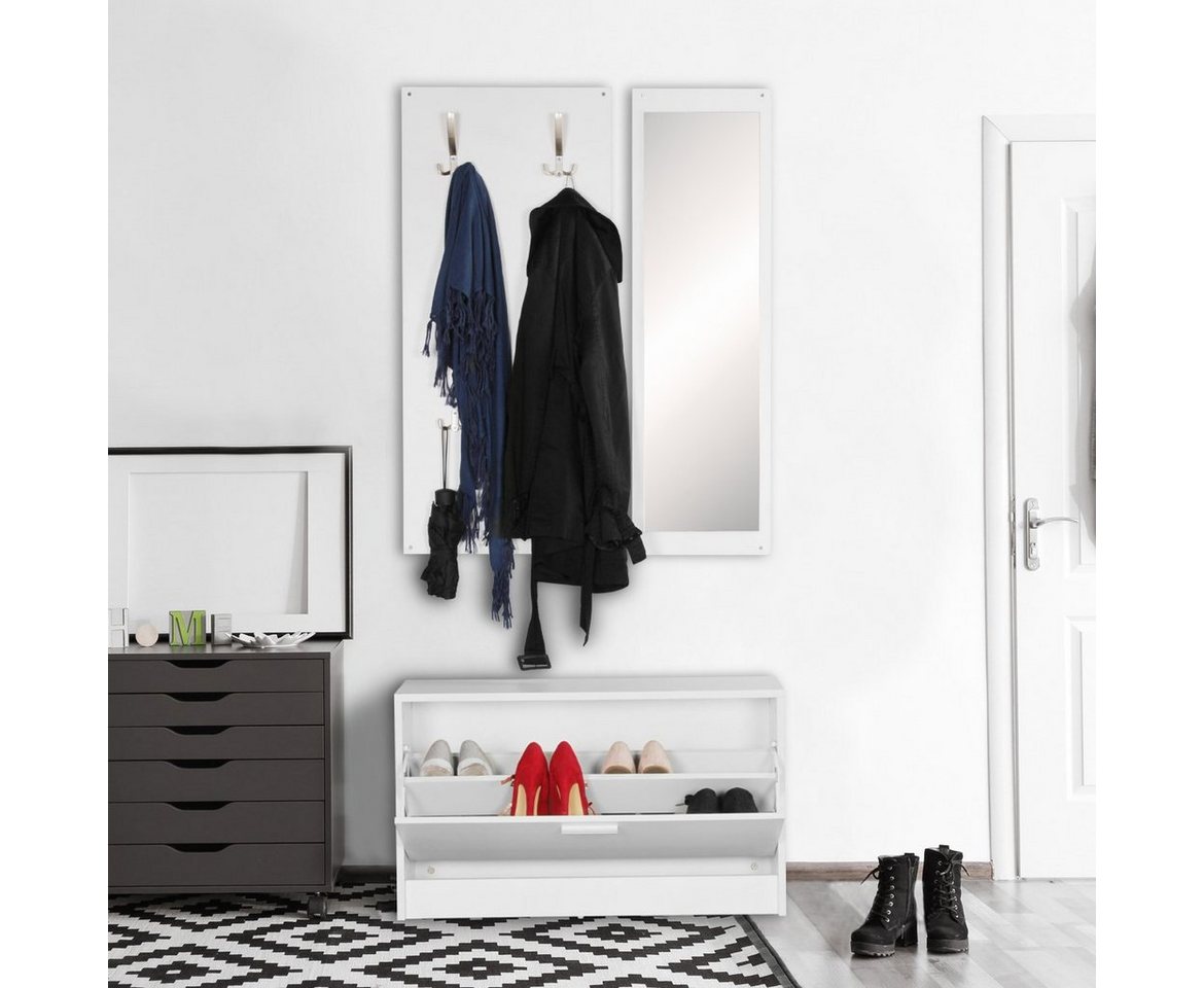 möbelando Wandgarderobe Wand-Garderobe SALERNO mit Spiegel & Schuhschrank, Wand-Garderobe SALERNO mit Spiegel & Schuhschrank Spanplatte weiß, Moderne Flur-Kompaktgarderobe für Jacken & Schuhe, Komplettgarderobe von möbelando