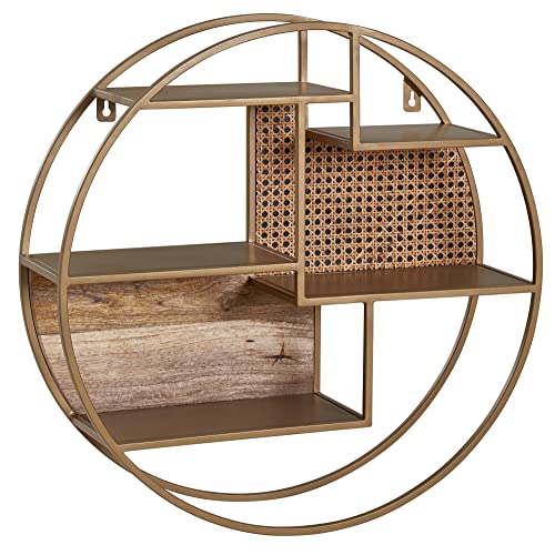 möbelando Wandregal Rattan 62x62x17 cm Hängeregal Massivholz/Metall Industrial | Schweberegal Rund Wand | Regal Hängend Offen Wohnzimmer von möbelando