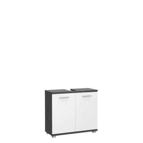 möbelando Waschbeckenunterschrank >Champ< Der Waschbeckenunterschrank Champ in Betonoptik Dunkelgrau/Weiß Glanz (69,9x62x28,9 cm) bietet modernen Stauraum mit 2 Türen, 2 Ablagen, robust & zerlegt. von möbelando