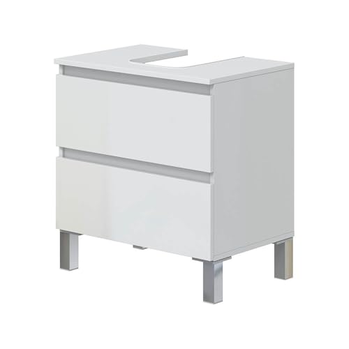 möbelando Waschbeckenunterschrank >DESTAL< Der Moderne Schrank DESTAL in glänzendem Weiß misst 60 cm Breite, 64 cm Höhe und 40 cm Tiefe. Er verfügt er über 2 Schubladen auf stabile Aluminiumfüße von möbelando