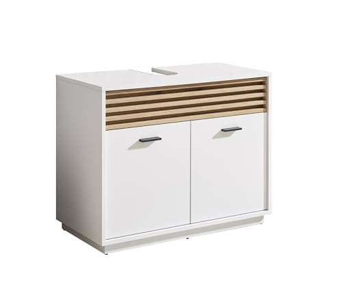 möbelando Waschbeckenunterschrank >Liguria< in weiß/Evoke Eiche Dekor, mit Drehtüren, Schublade mit 2 Fächern, FSC-Zertifiziert, melaminbeschichtet, zerlegt, B/H/T 80x64x40cm von möbelando