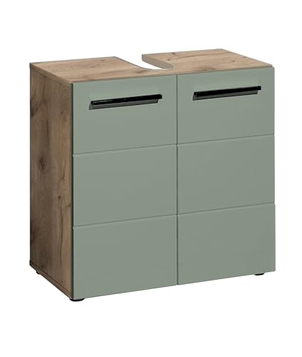 möbelando Waschbeckenunterschrank >Vista< schilfgrün/Viking Oak Dekor, 60 cm breit, 62 cm hoch, 31 cm tief, 2 Türen, 1 Einlegeboden, Siphonausschnitt, Melaminbeschichtung, Kunststofffüße. von möbelando