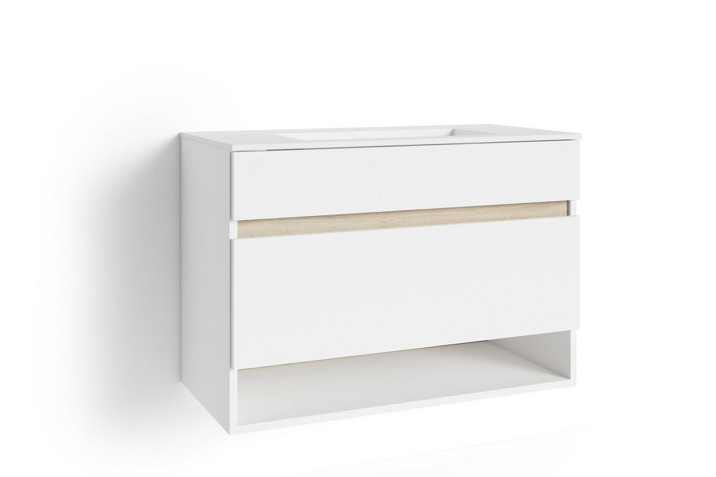 möbelando Waschtisch MARINO (BxHxT: 80x56x40 cm), in weiß mit einer Schublade und Absetzungen in Sonoma von möbelando