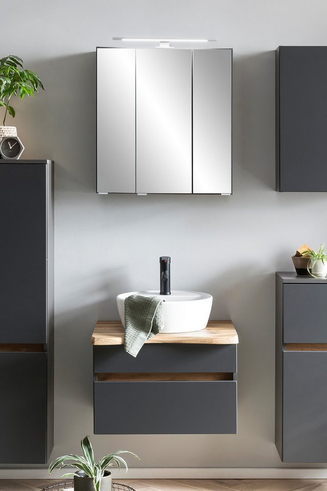 HELD MÖBEL Waschtisch-Set aus MDF in matt grau mit einer Schublade und 3 Türen, (B/H/T: 60x200x47 cm) von HELD MÖBEL
