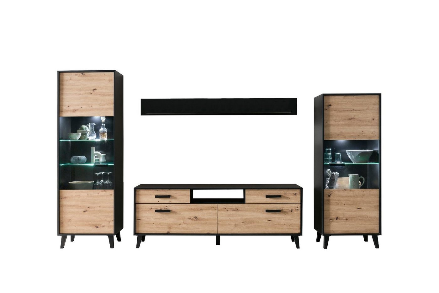 möbelando Wohnwand Artona, Moderne Wohnwand, aus melaminharzbeschichteter Spanplatte, Front in Artisan-Eiche, Korpus in Schwarz, bestehend aus 1 TV-Lowboard mit 2 Türen und 2 Schubkästen, 1 Wandboard von möbelando