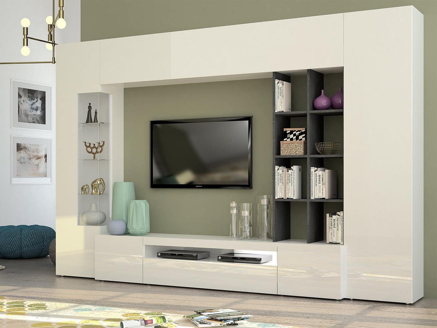 möbelando Wohnwand »Egypt«, Moderne Wohnwand aus Spanplatte in weiß-Hochglanz bestehend aus 1 Vitrine mit Glastür in Schiefer dahinter 2 feste Holzeinlegeböden und 3 Glasböden, Belastbarkeit Glasböden max. 3 kg, 1 TV-Lowboard mit 2 Türen und 1 Klappe dahinter 1 Fach, Belastbarkeit Oberboden max. 30 kg, 1 Hängeschrank mit 1 Klappe, 1 Regalaufsatz mit 6 Regalböden, 1 Schrank mit 1 Tür dahinter 1 fester Holzeinlegeboden und 2 höhenverstellbare Einlegeböden, Beleuchtung optional erhältlich. Breite 290 cm, Höhe 191,2 cm, Tiefe 40 cm. möbelando Wohnwand »Egypt«, Moderne Wohnwand aus Spanplatte in weiß-Hochglanz bestehend aus 1 Vitrine mit Glastür in Schiefer dahinter 2 feste Holzeinlegeböden und 3 Glasböden, Belastbarkeit Glasböden max. 3 kg, 1 TV-Lowboard mit 2 Türen und 1 Klappe dahinter 1 Fach, Belastbarkeit Oberboden max. 30 kg, 1 Hängeschrank mit 1 Klappe, 1 Regalaufsatz mit 6 Regalböden, 1 Schrank mit 1 Tür dahinter 1 fester Holzeinlegeboden und 2 höhenverstellbare Einlegeböden, Beleuchtung optional erhältlich. Breite 290 cm, Höhe 191,2 cm, Tiefe 40 cm. von möbelando