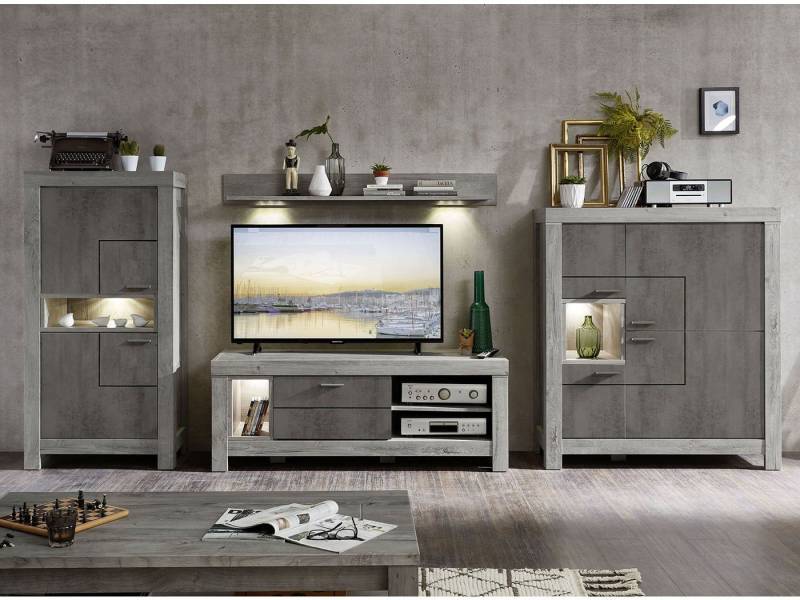 möbelando Wohnwand Gravesend, Moderne Wohnwand in Haveleiche Nachbildung / Beton Oxid dunkel Nachbildung, Korpus aus Spanplatte, Front aus MDF bestehend aus 1 breiten Highboard, 1 schmalen Highboard, 1 TV-Lowboard und 1 Wandboard, inkl. LED-Beleuchtung. Stellmaß ca. Breite 364 cm, Höhe 160 cm, Tiefe 47 cm von möbelando