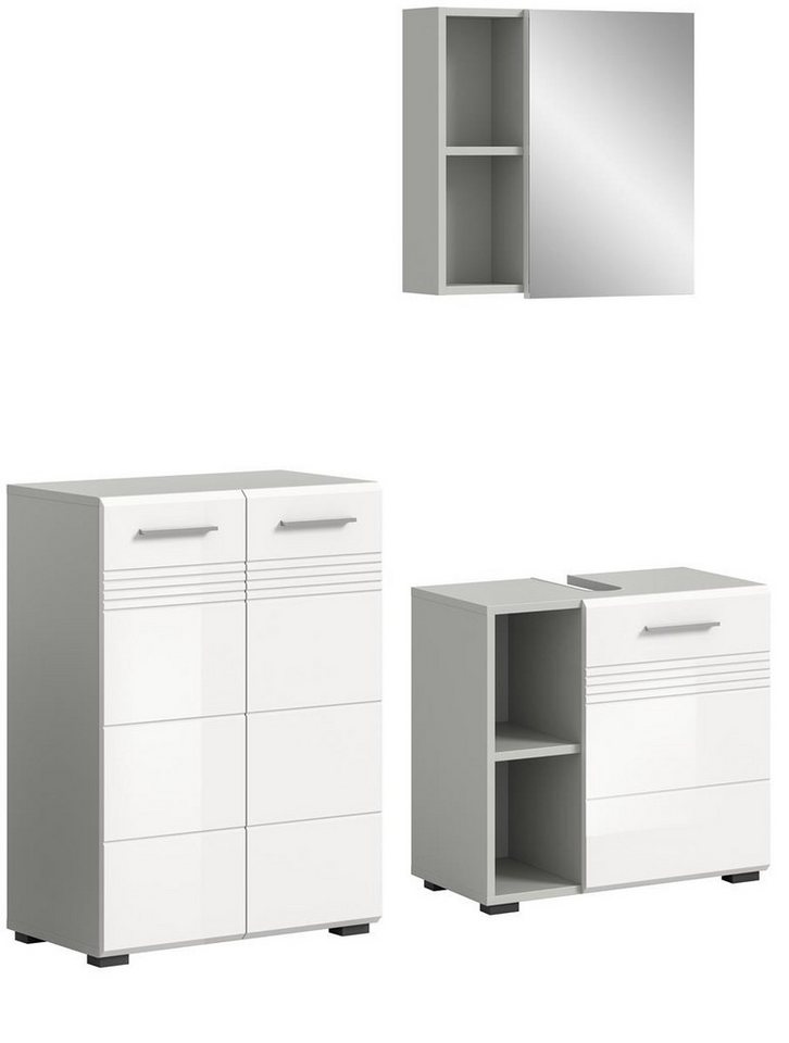 möbelvita Badezimmer-Set Dome Badkombination B/H/T 135x190x32 in Hellgrau und weiß, (1x Midischrank, 1xWaschbeckenunterschrank, 1x Spiegelschrank) von möbelvita