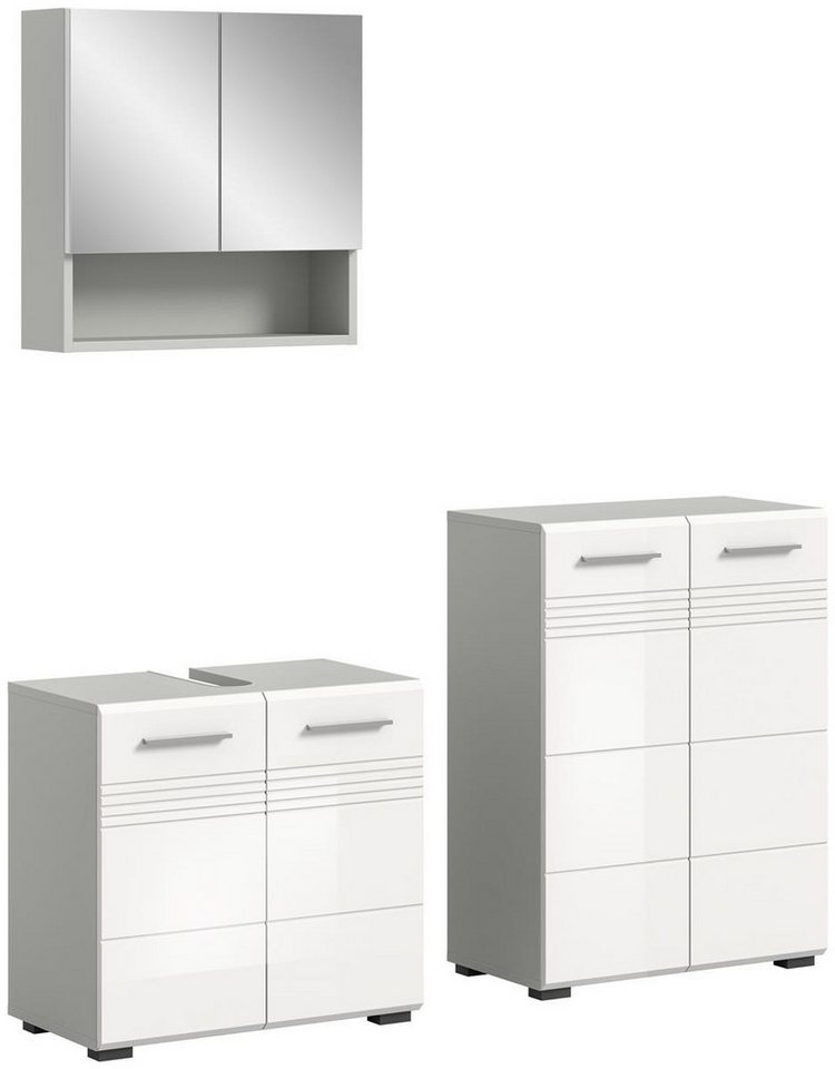 möbelvita Badezimmer-Set Dome Badkombination B/H/T 135x190x32 in Hellgrau und weiß, (1xWaschbeckenunterschrank, 1x Midischrank, 1x Spiegelschrank) von möbelvita
