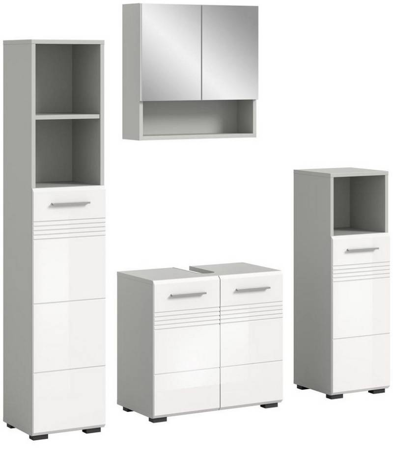 möbelvita Badezimmer-Set Dome Badkombination B/H/T 150x190x32 in Hellgrau und weiß, (1x Hochschrank, 1x WBU, 1x Spiegelschrank, 1 Standschrank) von möbelvita