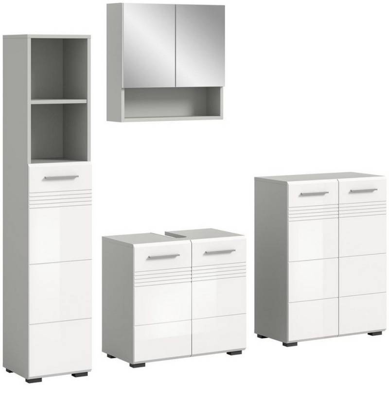 möbelvita Badezimmer-Set Dome Badkombination B/H/T 155x190x32 in Hellgrau und weiß, (1x Hochschrank, 1x WBU, 1x Spiegelschrank, 1 Midischrank) von möbelvita