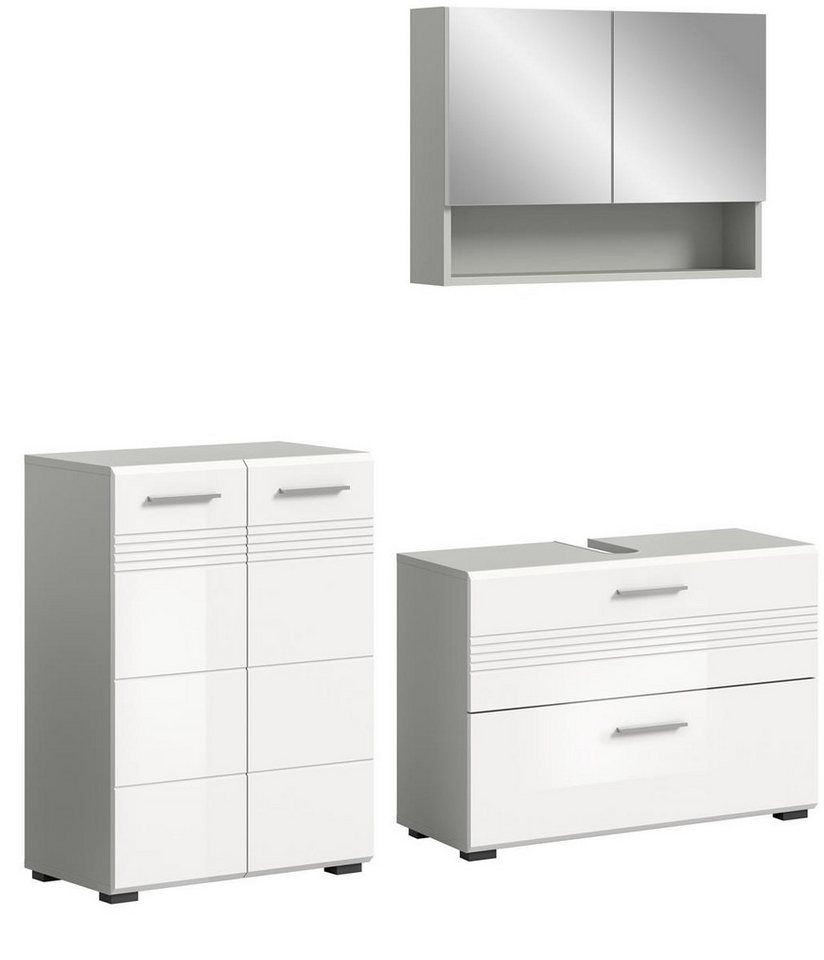 möbelvita Badezimmer-Set Dome Badkombination B/H/T 155x190x32 in Hellgrau und weiß, (1x Midischrank, 1xWaschbeckenunterschrank, 1x Spiegelschrank) von möbelvita