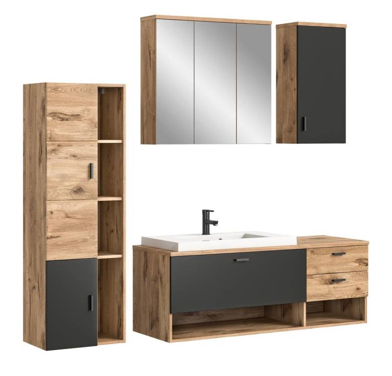 möbelvita Badezimmer-Set Grove Badkombinstion B/H/T 203x192x48 in Nox Oak, (1xMidischr. 1xWaschtisch 1xWaschbecken 1xSpiegelschr. 1xHängeschr), inkl. Waschbecken, wandhängend von möbelvita