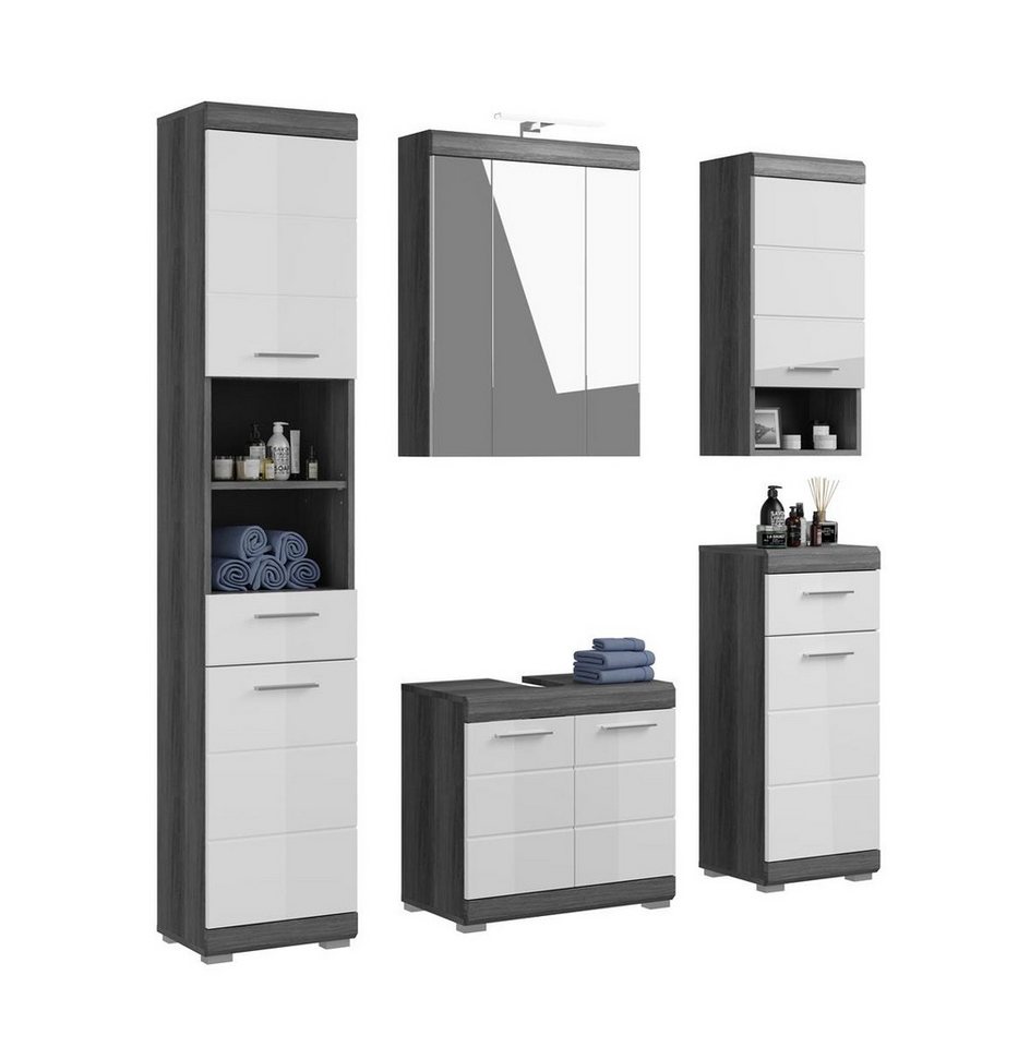 möbelvita Badezimmer-Set Vista Badkombination B/H/T 164x191x34 in Rauchsilber, (1 Hochschra. 1 WBU 1 Spiegelschra. 1 Standschra. 1 Hängeschra. 1 Bele) von möbelvita