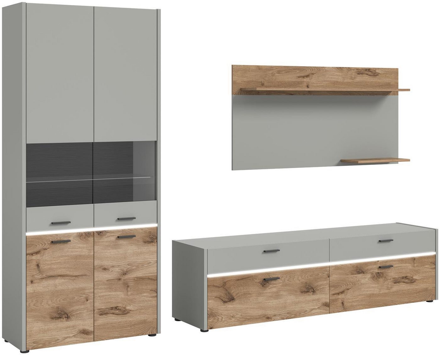 möbelvita Wohnwand Cielo Wohnkombination B/H/T 285x195x43 in Hellgrau, (1x Vitrine, 1x Lowboard, 1x Wandboard), Frontbeleuchtung dimmbar mit Fernbedinung, Rückwand mit Struktur von möbelvita