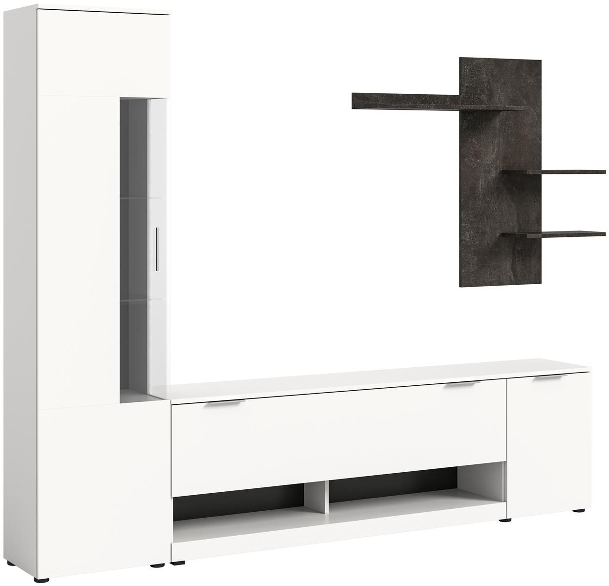 möbelvita Wohnwand Max Wohnwand B/H/T 250x190x35 in weiß, (1x Vitrine: 48/192/35 1x Lowboard: 183/58/35 1xWandregal: 110/93/17cm), Rückwand: schwarz von möbelvita