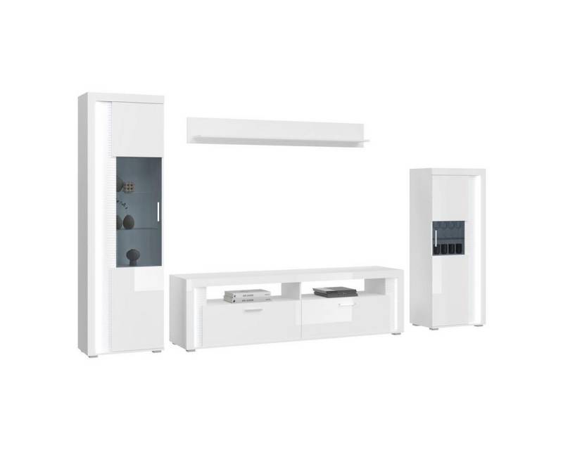 möbelvita Wohnwand Peak Wohnkombination B/H/T 351x202x46 in weiß Hochglanz, (1x Vitrine, 1x Lowboard, 1x Wandboard, 1x Vitrine halbhoch), inkl. vertikaler Frontbeleuchtung von möbelvita