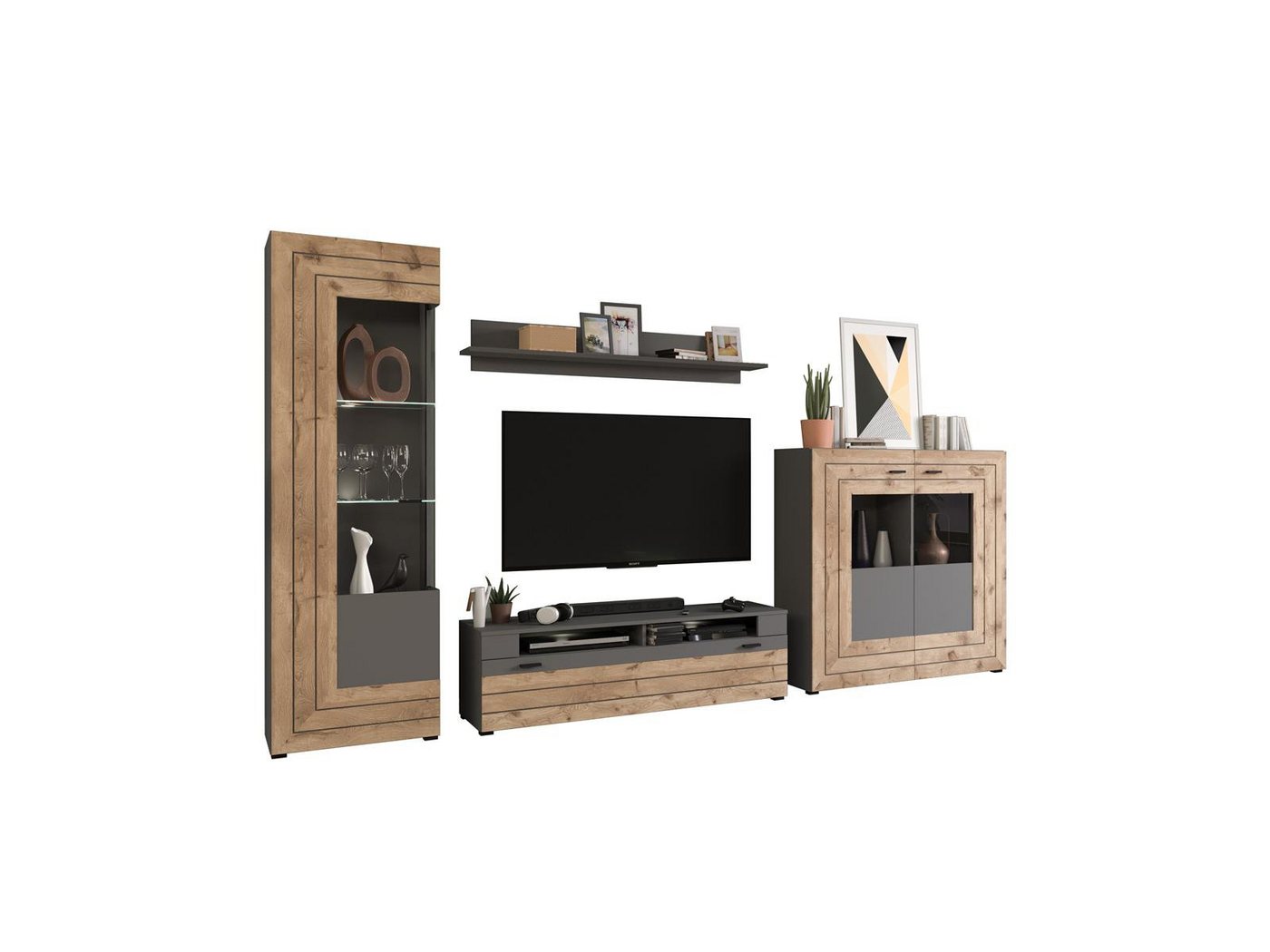 möbelvita Wohnwand Snap Wohnwandkombination B/H/T 350x194x40 in grau, (1x Vitrine, 2x Glasbodenclip, 1x TV Element 1x Wandboard 1x Highboard), Inkl. Glasbodenbeleuchtung von möbelvita