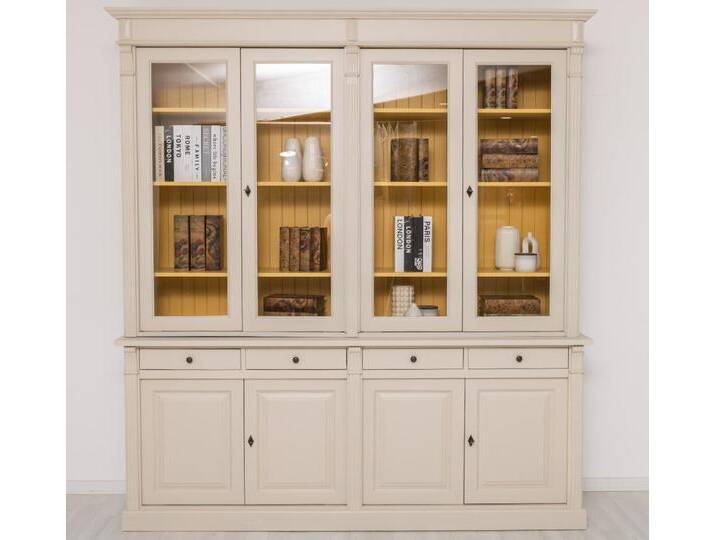 Landhaus Vitrinenschrank mit Schubladen cremegrau + ockergelb Landhaus Vitrinenschrank mit Schubladen cremegrau + ockergelb von moebro