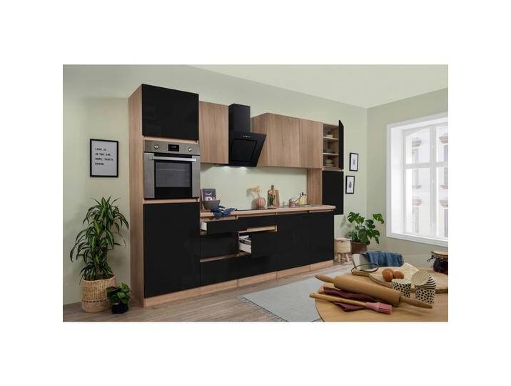 Küchenzeile Premium m. Geräte Schwarz/Eiche B: ca. 330 cm von mömax