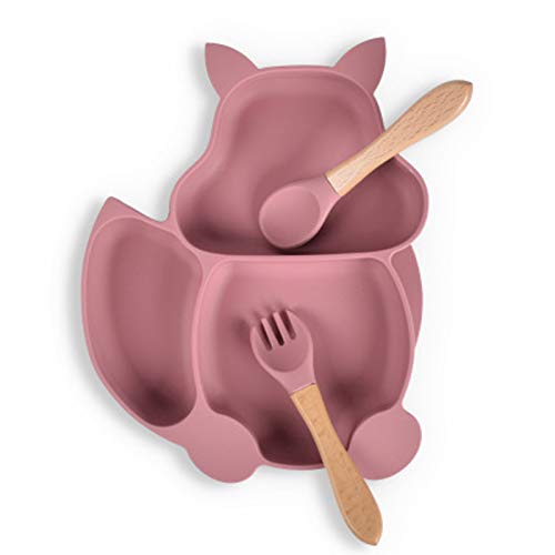 Baby Teller Schüssel,Baby Essen Geschirr Set Mini Silikon Tischset für Baby Teller Baby Rutschfest Babyteller mit Saugnapf Kinderteller mit Saugnapf- BPA freies(Eichhörnchen-Rosa) von mohito