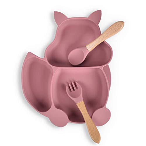Baby Teller Schüssel,Baby Essen Geschirr Set Mini Silikon Tischset für Baby Teller Baby rutschfest Babyteller mit Saugnapf Kinderteller mit Saugnapf- BPA freies(Eichhörnchen-Rosa) von mohito