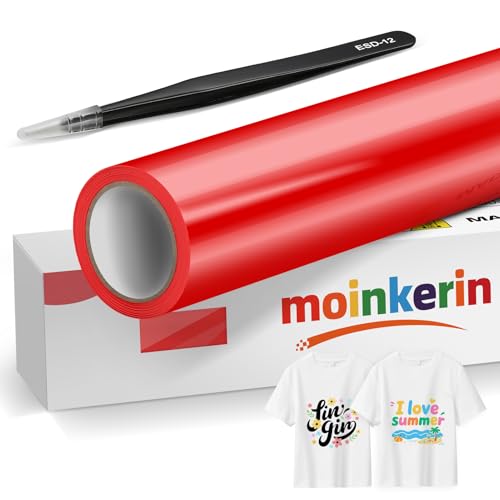 moinkerin Rot 30,5x400cm Plotterfolie Textil & Transferfolie Plotter - PVC-Transferfolie mit Edelstahl-Pinzetten für DIY T-Shirts & Textilien von moinkerin